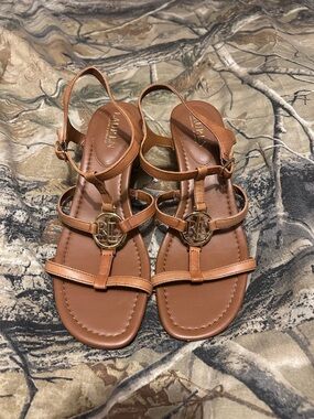 Ralph Lauren Cognac Leather T-Strap Sandals with RL Medallion